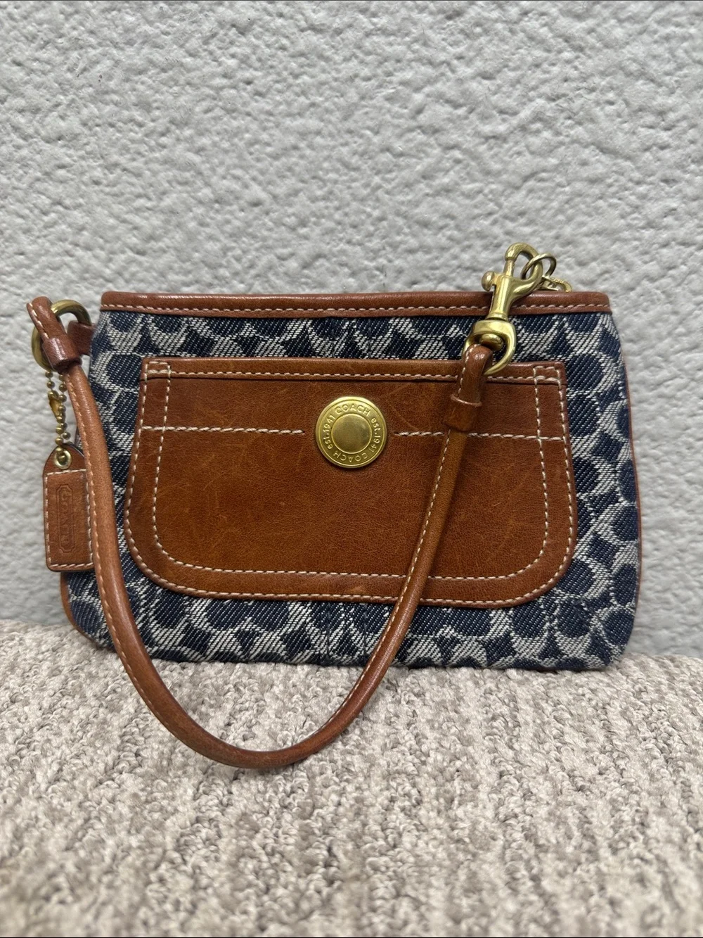 Vintage Coach Signature Blue Bleeker Tattersall and Brown Leather Wristlet